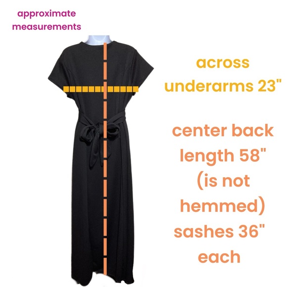 Concert Attire Long Black Dress Short Sleeves, attached sash belt EUC 7422e - Picture 2 of 7